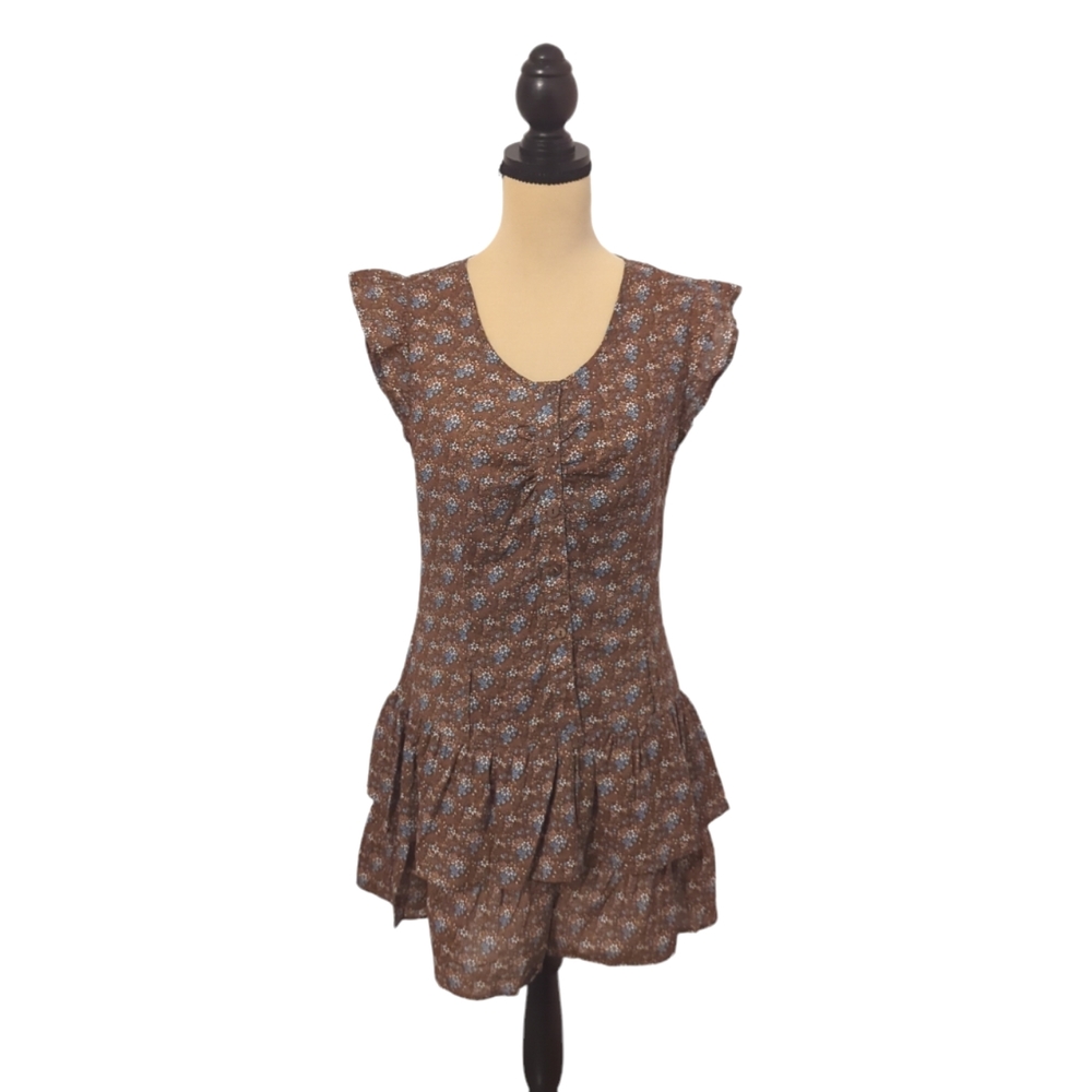 Floral Cotton Brown Country Chic Dress Size Large